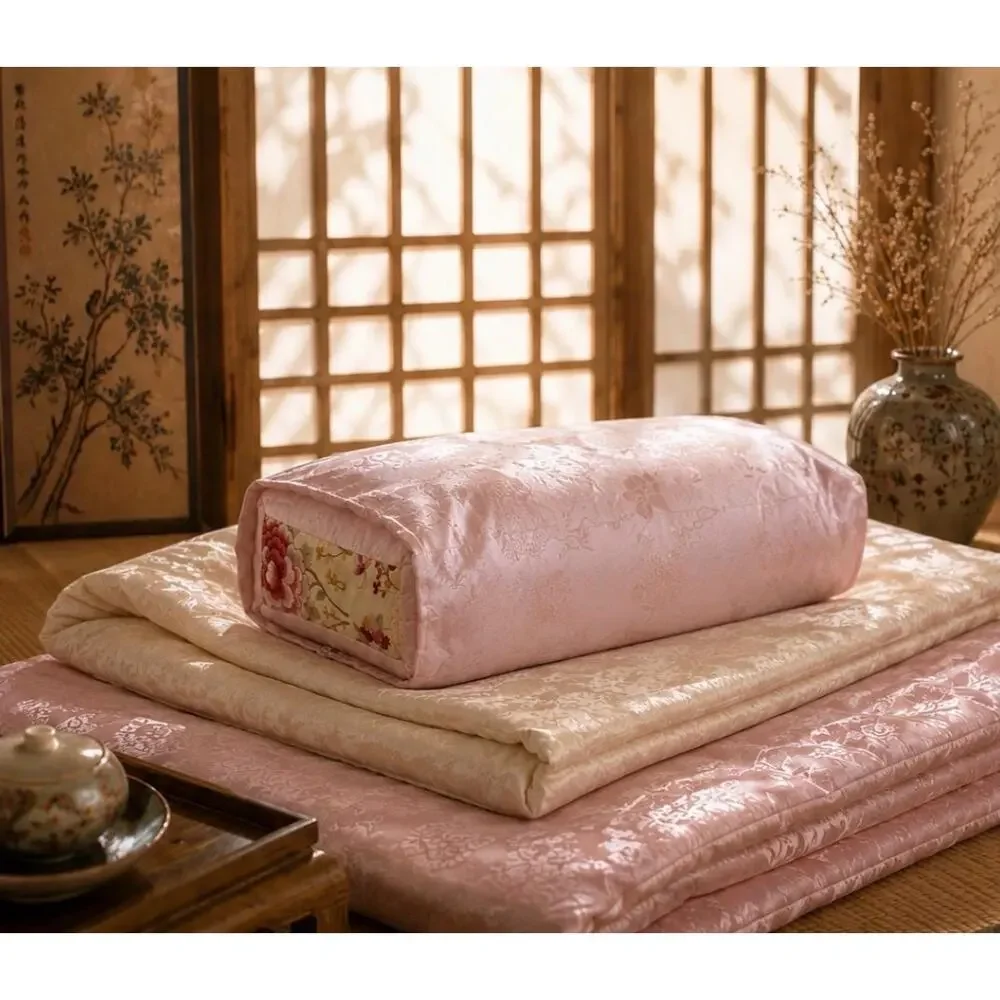Korean Traditional Silk Pillow - Pink Floral Hand Embroidered.
